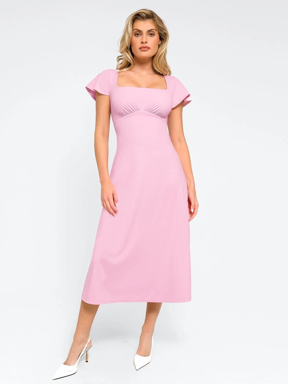 Square-Neck Pink Midi Dress with Flutter Sleeves